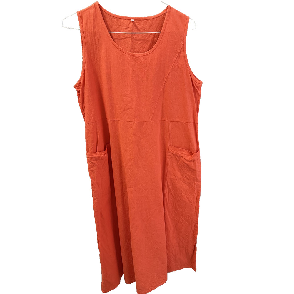 Orange 100 % cotton maxi dress XL w/pockets Lagenlook Vacation Travel Summer